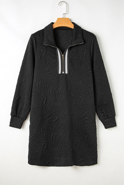 Schwarzes, strukturiertes Jacquard-Minikleid mit Viertelreißverschluss