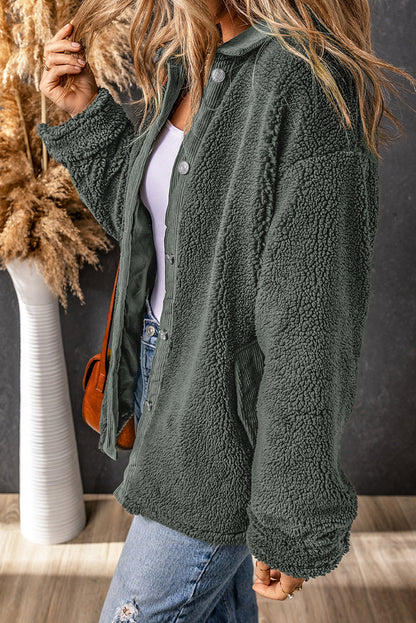 Graue Sherpa-Jacke mit Ellbogenflicken aus Cord