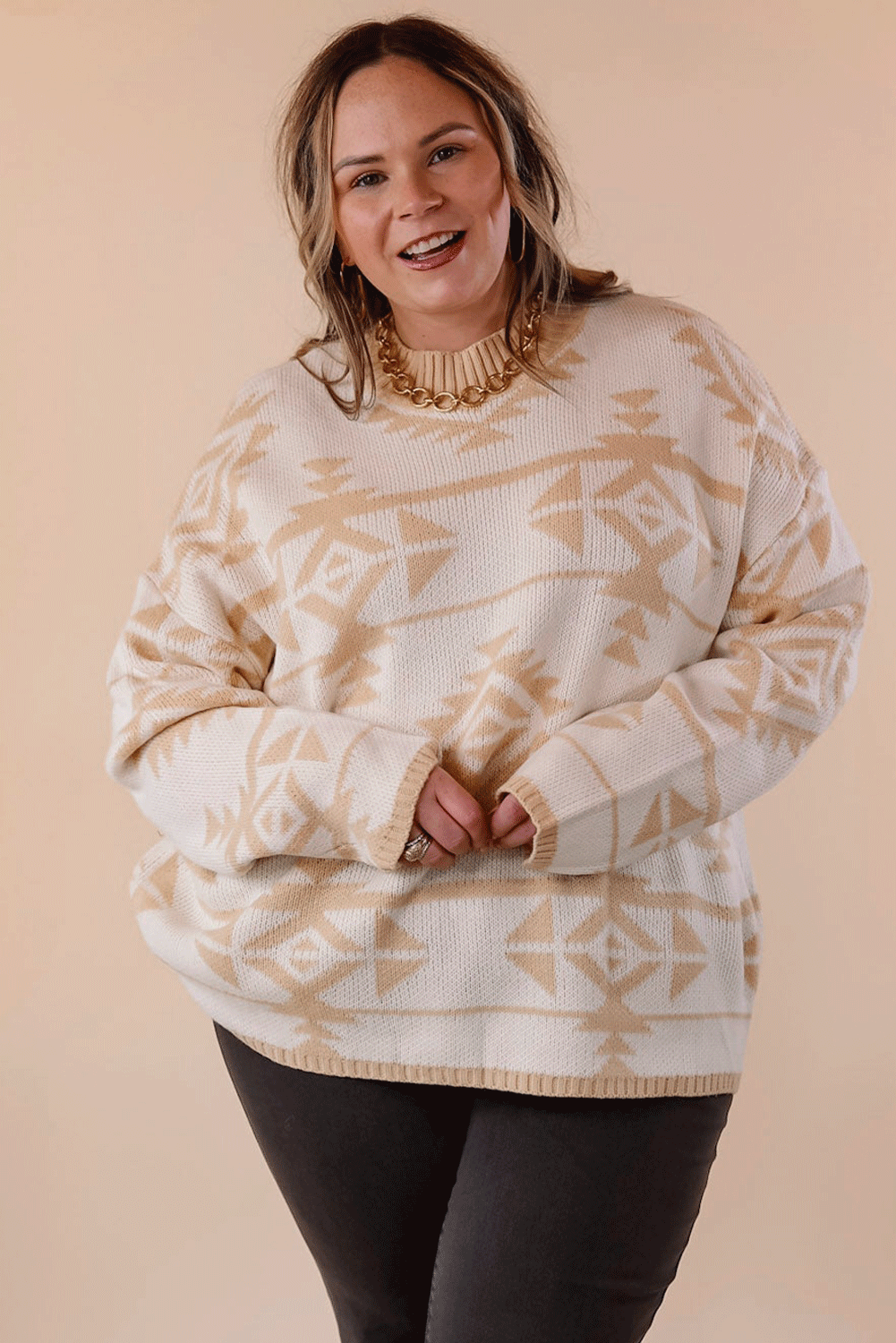 Apricot – Lockerer Pullover mit Western-Azteken-Print in Übergröße