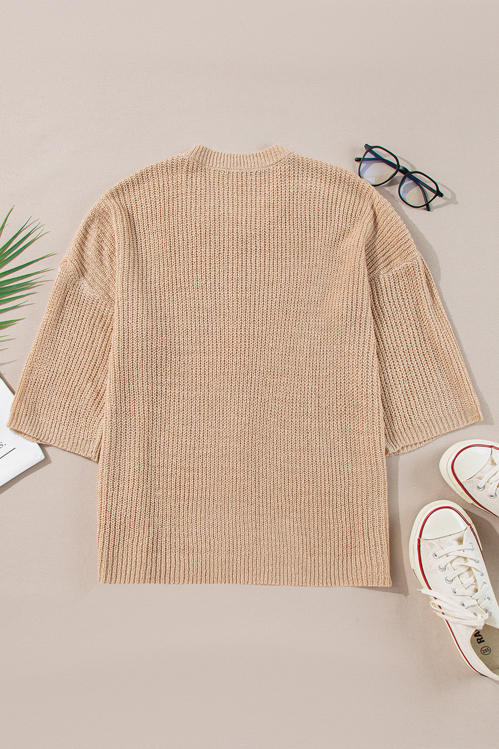 Pullover mit Rundhalsausschnitt und 3/4-Ärmeln in hellem Französisch-Beige mit Kontraststreifen