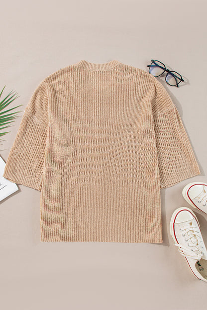 Pullover mit Rundhalsausschnitt und 3/4-Ärmeln in hellem Französisch-Beige mit Kontraststreifen