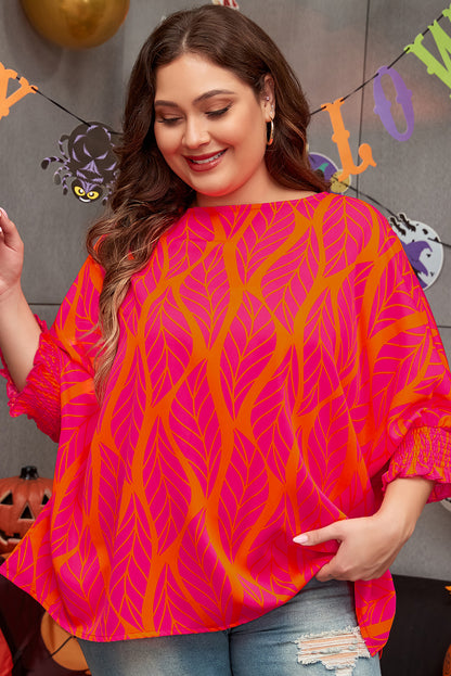 Bluse mit gesmokten Laternenärmeln und Rosenblatt-Print in Übergröße