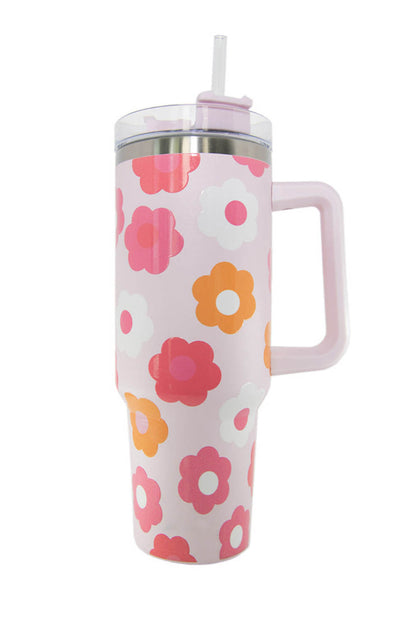 Vakuumbecher aus Edelstahl mit mehrfarbigem Blumendruck und Griff, 40 oz