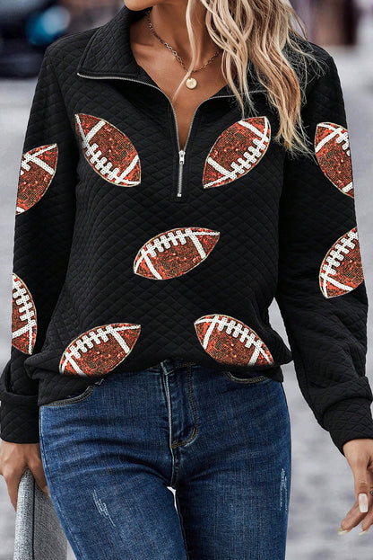 Schwarzes, strukturiertes Rugby-Football-Sweatshirt mit Viertelreißverschluss und Pailletten