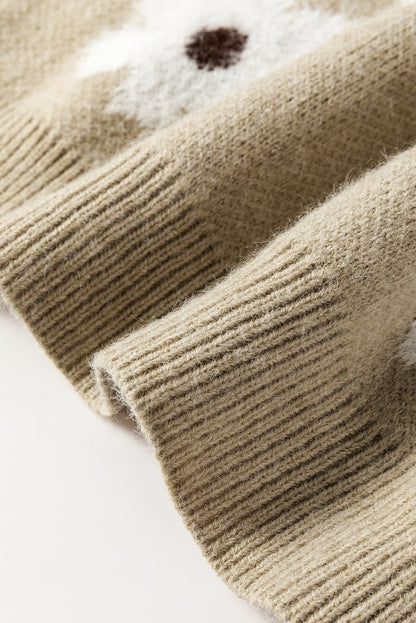 Khakifarbener Pullover mit Blumenmuster und halblangem Reißverschluss und überschnittener Schulter