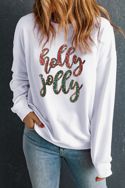 Weißes Weihnachts-Sweatshirt mit Pailletten und Holly Jolly-Grafik