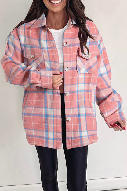 Rosa karierte Hemdjacke mit Pattentasche und Knopfleiste
