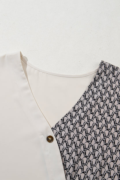 Haferflockenfarbenes Patchwork-Oberteil mit V-Ausschnitt und geometrischem Kontrastdruck in Übergröße