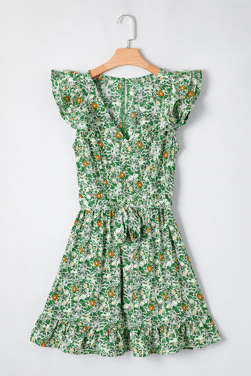 Grünes Minikleid mit Blumenmuster, Flatterärmeln, V-Ausschnitt und Schärpen und Rüschen
