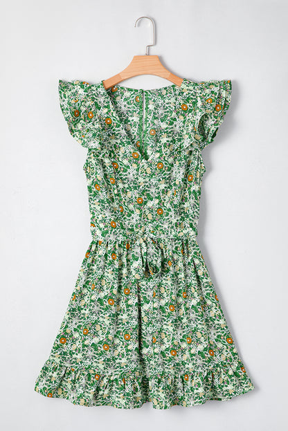 Grünes Minikleid mit Blumenmuster, Flatterärmeln, V-Ausschnitt und Schärpen und Rüschen