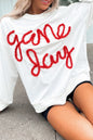 Weißes Lametta-Sweatshirt mit Game Day-Grafik und überschnittener Schulter