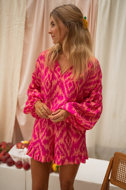 Rose Western-Set mit Oberteil und Shorts mit geometrischem Aztekenmuster und Rüschen