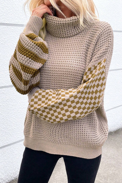 Rauchgrau gestreifter karierter Patchwork-Rollkragenpullover mit Waffelstrick