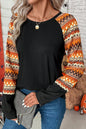 Oranges Raglan-Patchwork-Langarm-T-Shirt mit Geo-Print