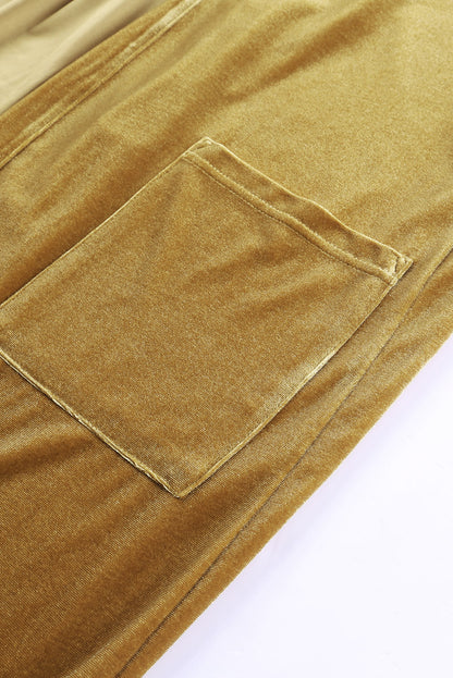 Gelber, langer Staubmantel aus Samt mit offener Vorderseite und Taschen