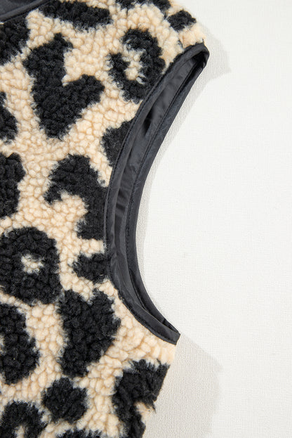 Schwarzer Sherpa-Westenmantel mit Leopardenmuster