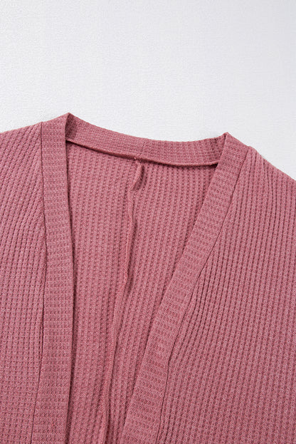 Mineralrote, einfarbige Strickjacke mit Waffelstrick und Tasche