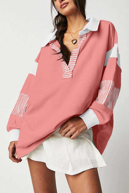 Lässiges gestreiftes Sweatshirt mit Colorblock-Patchwork-Kragen