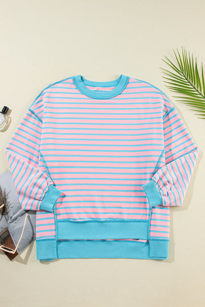 Rosa gestreiftes High-Low-Pullover-Tunika-Sweatshirt mit Kontrastbesatz