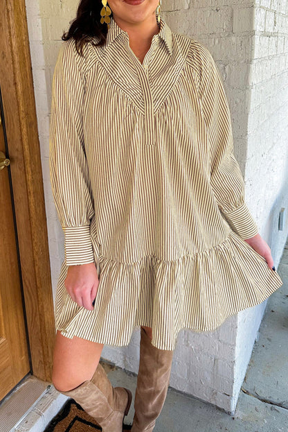 Brown Stripe Collared Neck Cuffed Long Sleeve Drop Waist Mini Dress