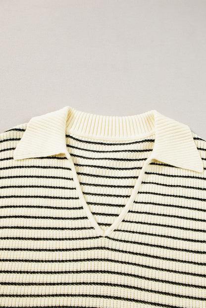 Beiges gestreiftes Umlege-Tanktop mit V-Ausschnitt
