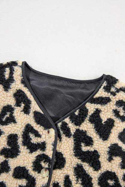 Schwarzer Sherpa-Westenmantel mit Leopardenmuster