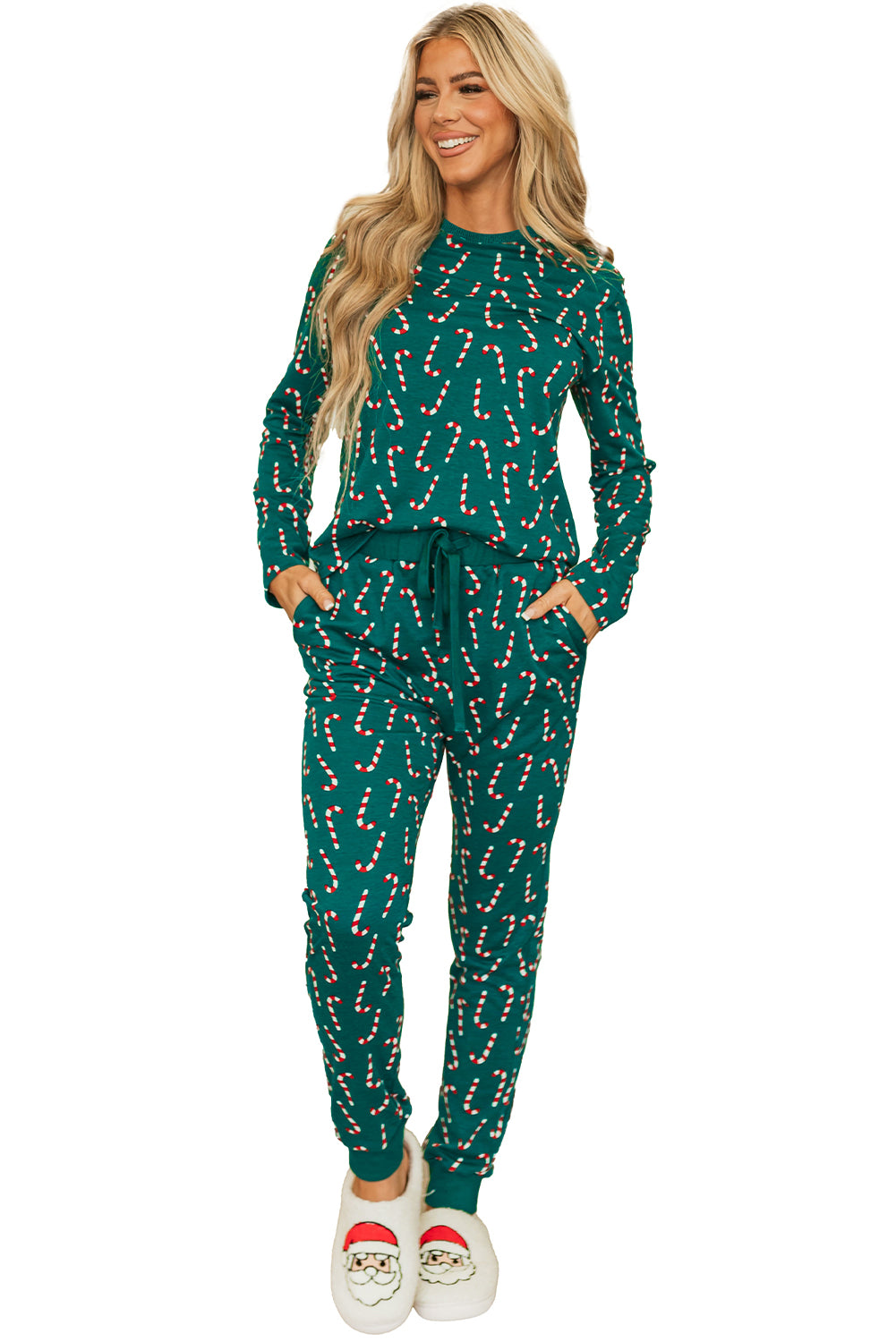 Grünes Lounge-Set mit Oberteil und Hose mit Weihnachts-Zuckerstangen-Aufdruck