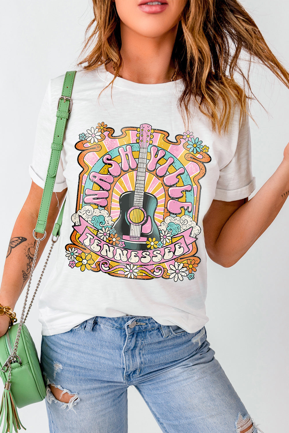 Weißes Country-Musik-T-Shirt mit NASHIVILLE-Gitarrengrafik