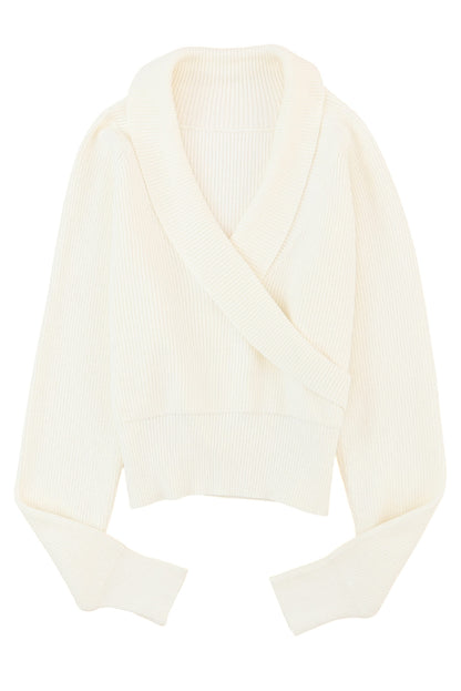 Beige Ribbed Long Sleeve Surplice Crop Sweater