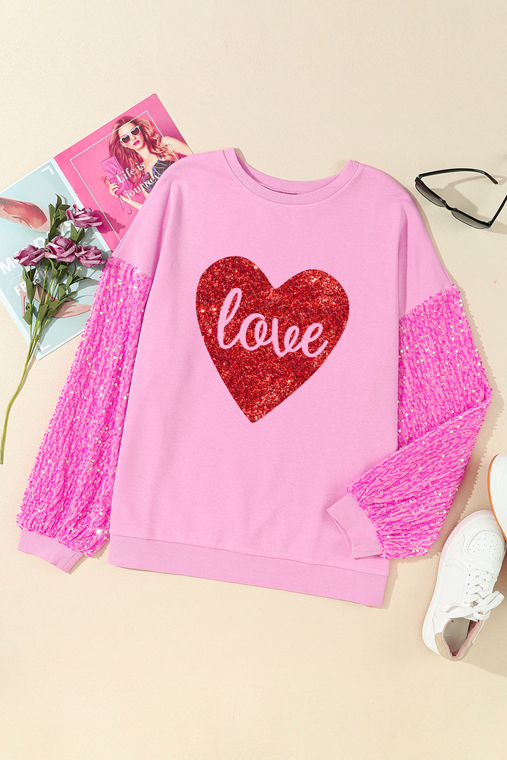 Rosa Sweatshirt mit glänzendem Herz-Print und Paillettenärmeln