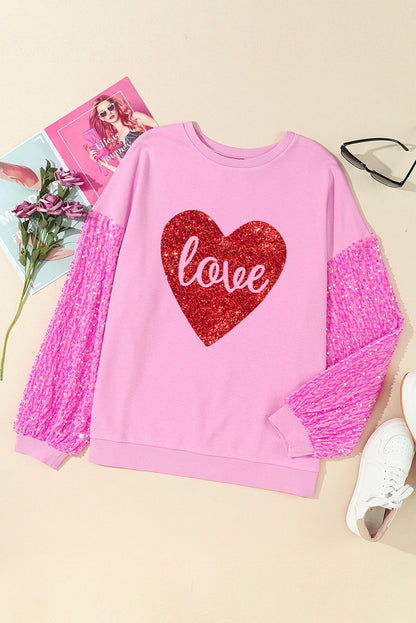 Rosa Sweatshirt mit glänzendem Herz-Print und Paillettenärmeln