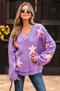 Lavendula Brushed Star Graphic V Neck Drop Shoulder Oversize Sweater