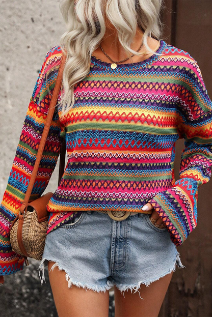 Rosarotes, mehrfarbiges, langärmliges Jacquard-T-Shirt mit geometrischem Muster