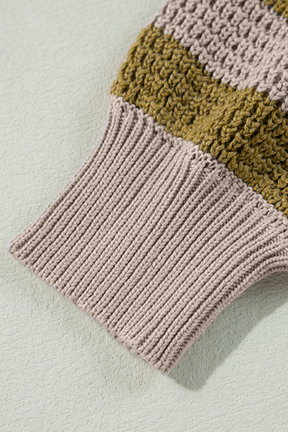 Rauchgrau gestreifter karierter Patchwork-Rollkragenpullover mit Waffelstrick