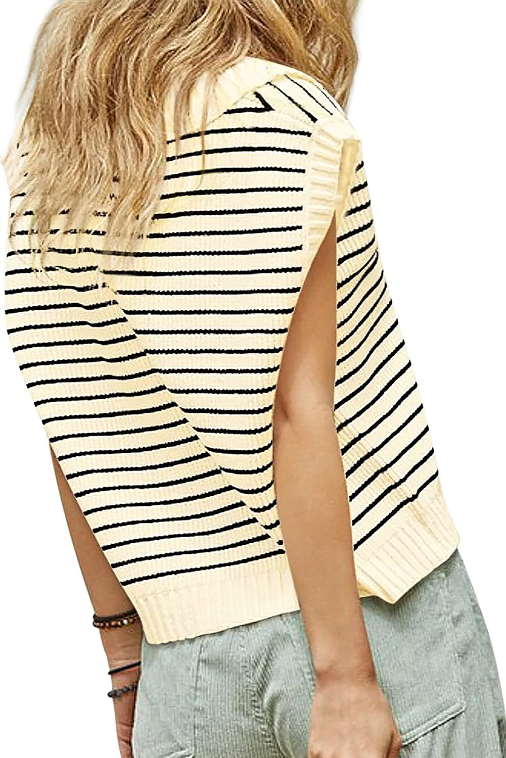 Beiges gestreiftes Umlege-Tanktop mit V-Ausschnitt