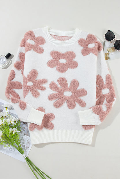 Weißer, strukturierter Pullover mit Blumenmuster und überschnittener Schulter