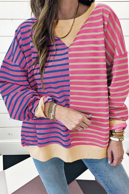 Rosa gestreiftes, lässiges, gestreiftes Colorblock-Sweatshirt mit überschnittener Schulter