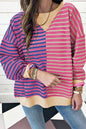 Rosa gestreiftes, lässiges, gestreiftes Colorblock-Sweatshirt mit überschnittener Schulter