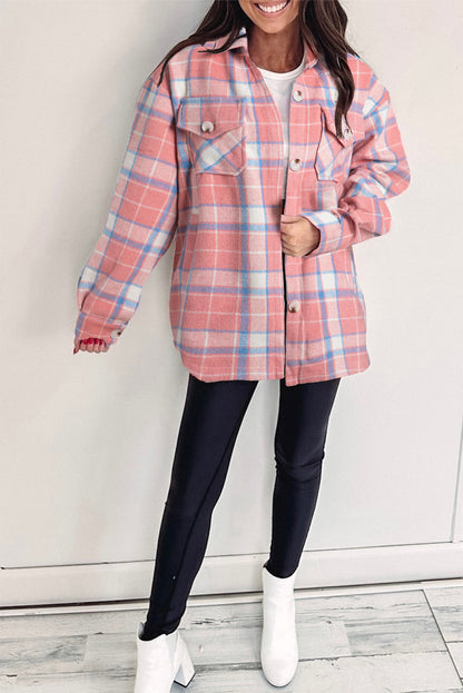 Rosa karierte Hemdjacke mit Pattentasche und Knopfleiste