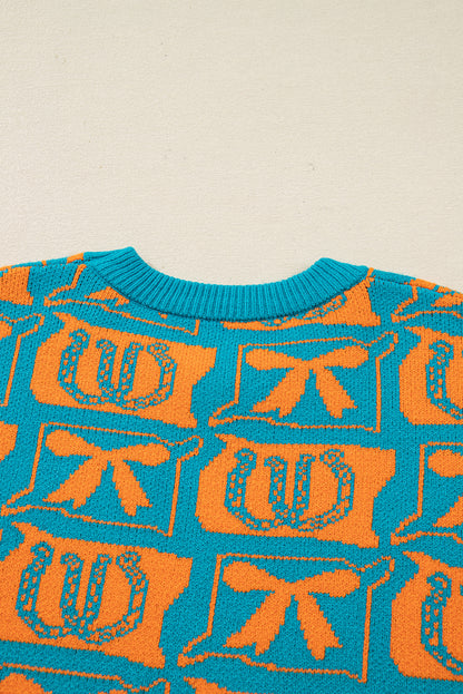 Light Blue Bows & Horseshoes Pattern Western Fashion Print Sweater