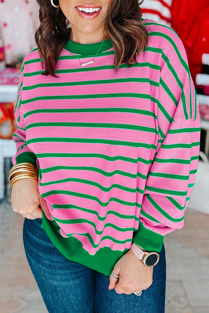 Rosa gestreiftes Rundhals-Sweatshirt mit Waffelstrick in Übergröße