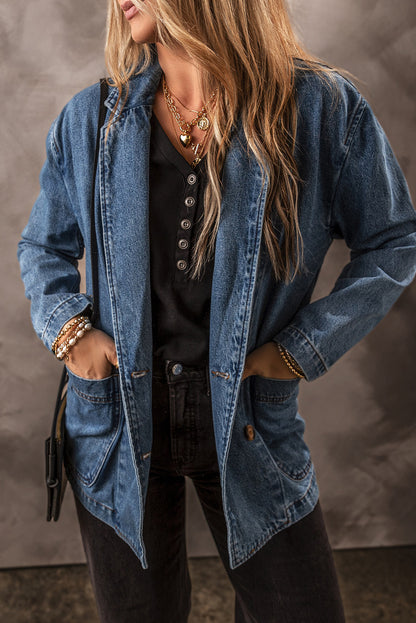 Segelblaue Jeansjacke mit Seitentaschen und Reverskragen