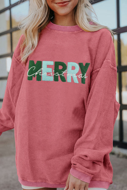 Erdbeerrosa „MERRY Christmas“ Chenille-Sweatshirt mit Stickerei