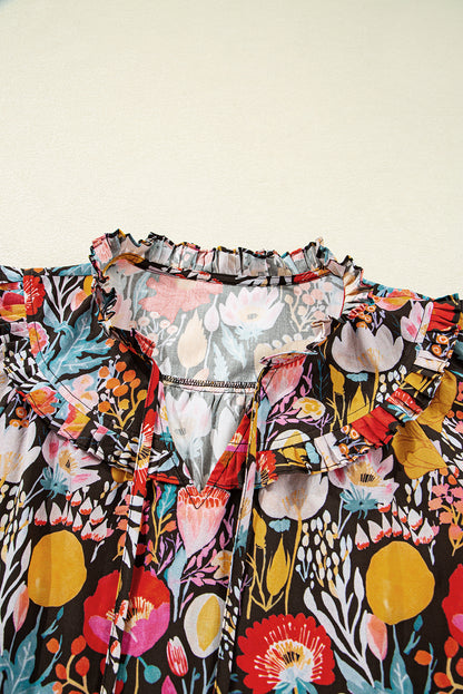 Black Floral 3/4 Puff Sleeve Tied Neck Blouse