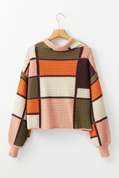 Oranger Rollkragenpullover mit Waffelstrick und Kordelzug in Farbblock-Optik