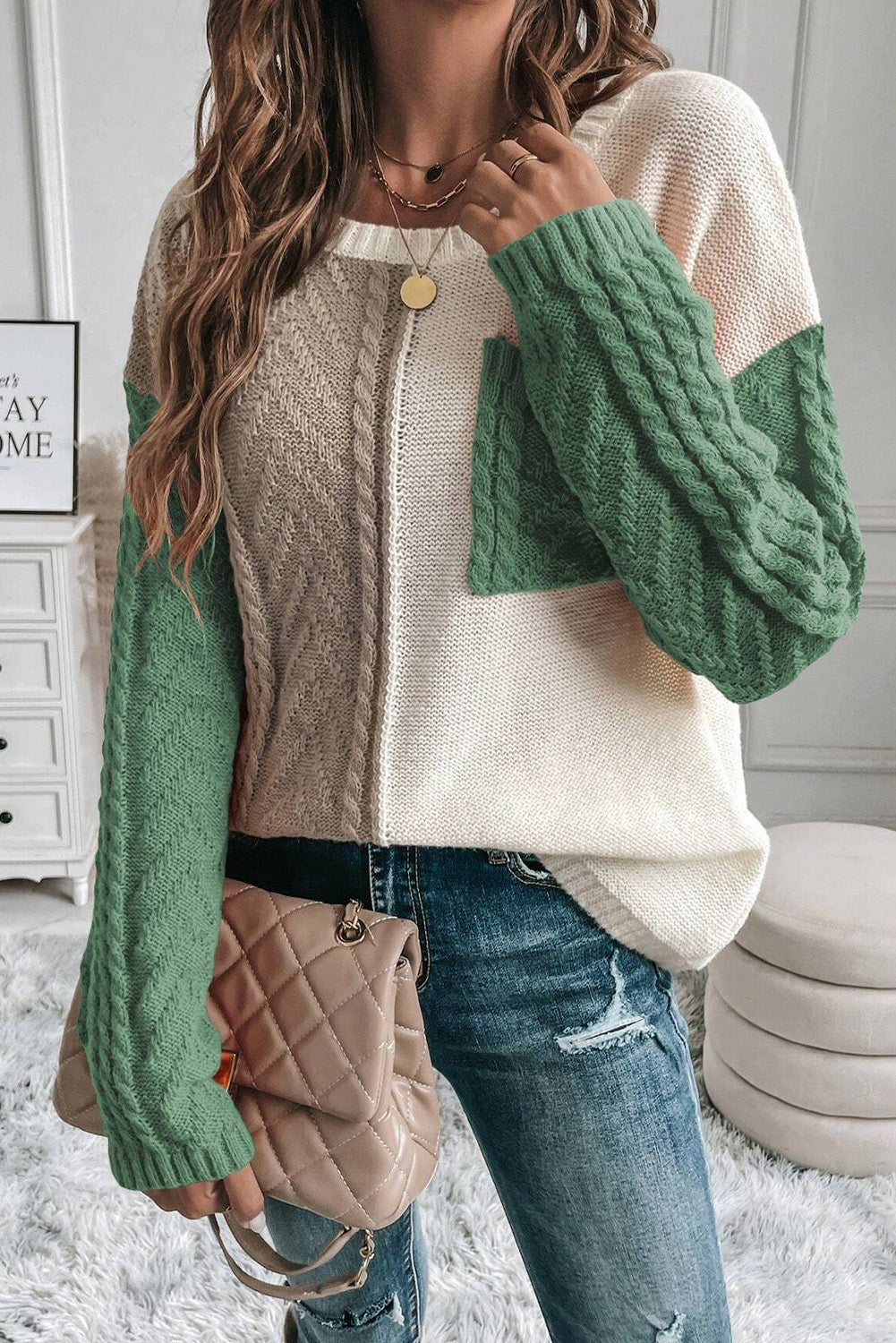 Vineyard Green Colorblock Pullover mit aufgesetzten Taschen und überschnittener Schulter