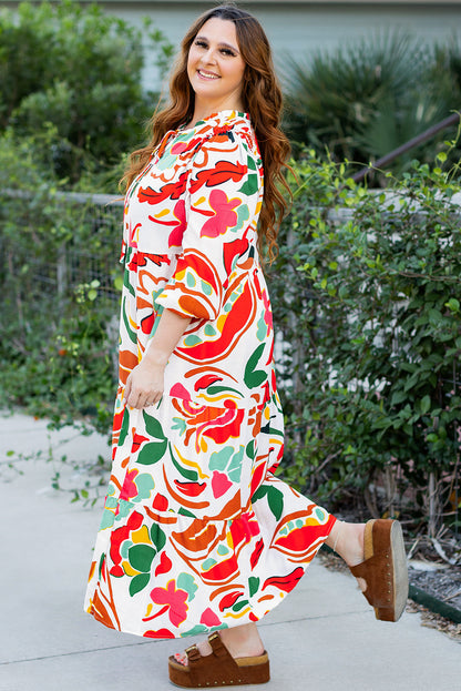 Oranges Kleid mit Blumenmuster und Kordelzug und V-Ausschnitt in Übergröße