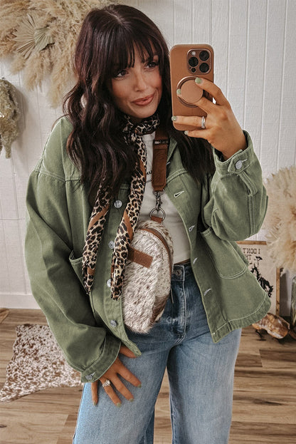 Smoke Green Patched Pocket Collared Button Front Boyfriend Denim Jacket