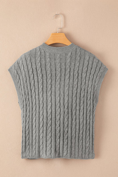 Grauer, kurzärmliger Pullover mit Rundhalsausschnitt und Zopfmuster