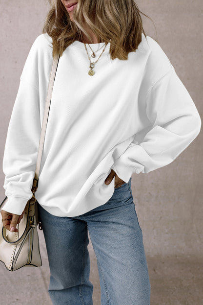 Weißes, einfarbiges, lockeres Fleece-Sweatshirt mit Rundhalsausschnitt